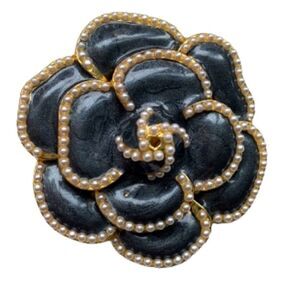 Camellia Lapel Pin in Black Enamel with Faux Pearls & Gold Tone - Bro-Brooch